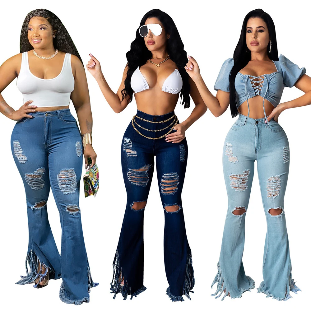 New Arrival Womens Fashion Skinny Flare Pants Hole Ripped Jeans Denim Pants Butt Lift Vintage  Bell Bottom Tassel Casual Jeans