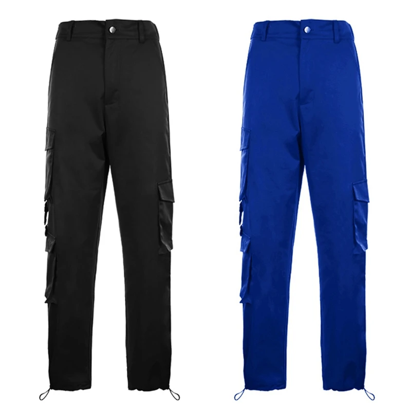 

Retro High Waist Pocket Overalls Loose Cargo Pants Women's Hip-Hop High Street Trousers (M Size Black & L Size Blue)
