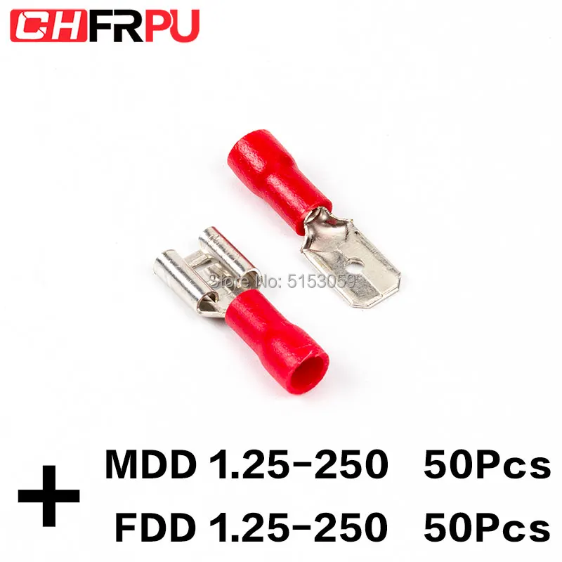 100 шт. 6,3 мм 22-16AWG FDFD/FDD/MDD1.25-250 Женский Мужской изолированный Электрический обжим терминал для 0,5-1,5 мм2 Кабельный разъем