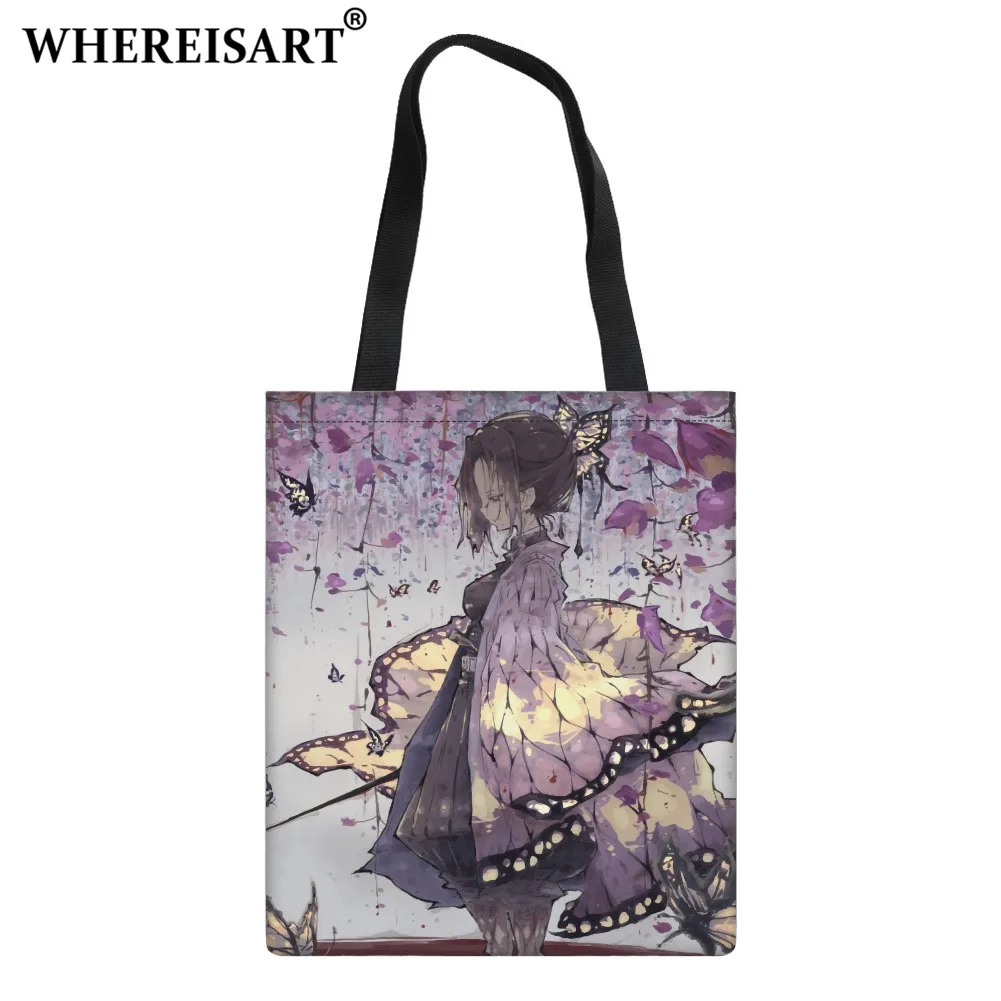 

WHEREISART Women Anime Demon Slayer Role Shinobu Shopper Bag Reusable Cartoon Cloth Bag Grocery Canvas Tote Shoulder Bag Girls