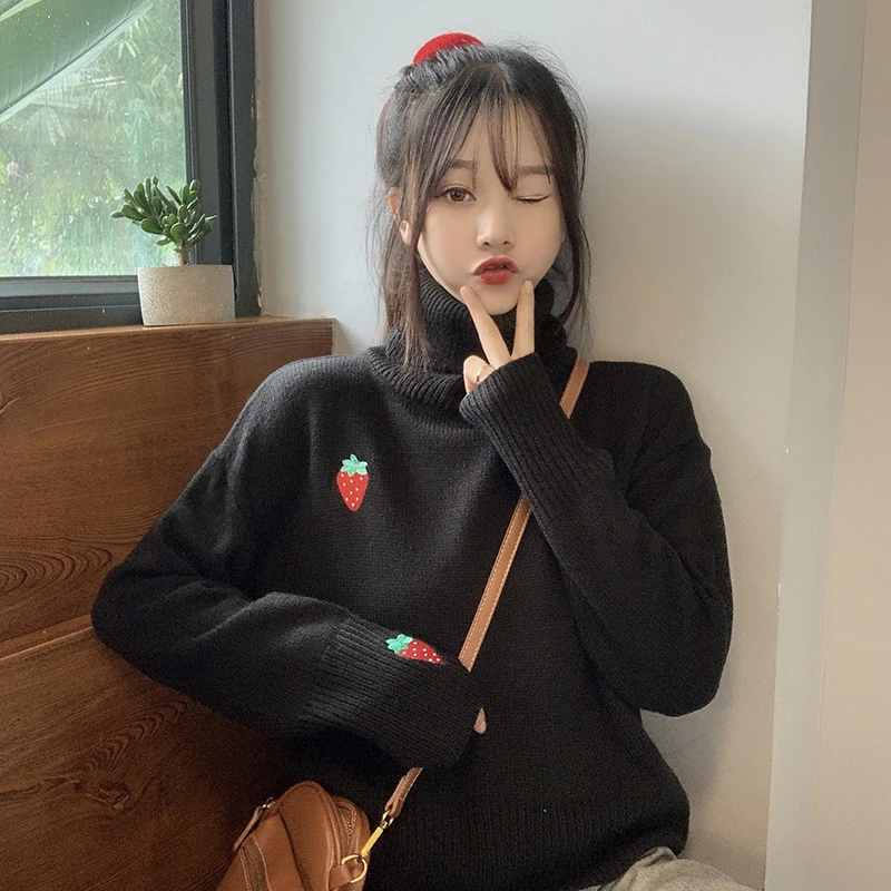 Kawaii, клубника, водолазка, Женский вязаный свитер, Милая Вышивка, высокая горловина, трикотаж, милый, на год, Pull Femme, джемпер, красный, Корея