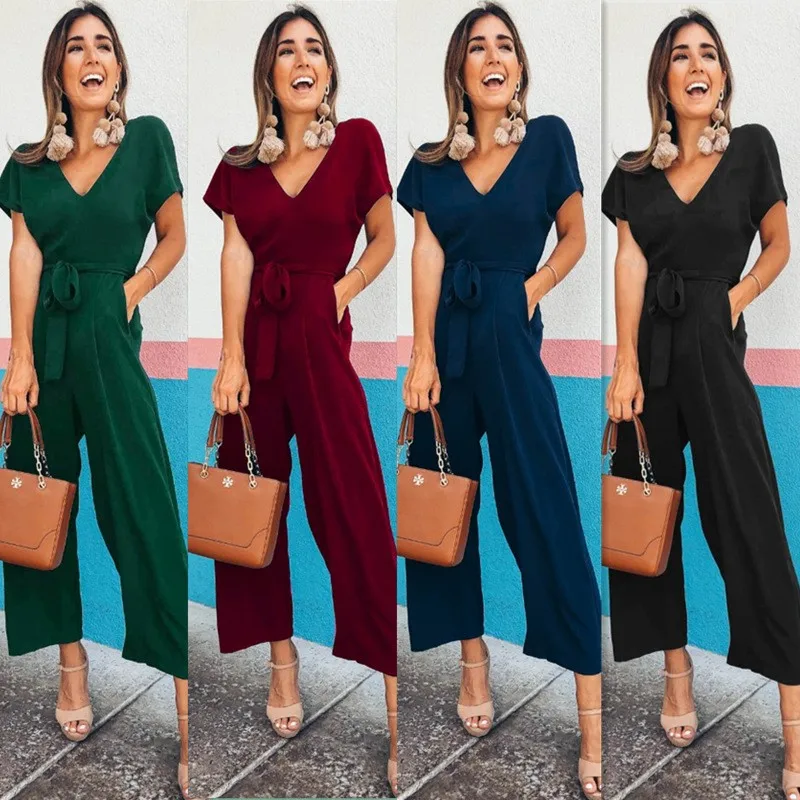 

New Simple Women's 2021 Summer Comfortable Short-sleeved V-neck Jumpsuit Temperament Casual Wear Black Plus Size