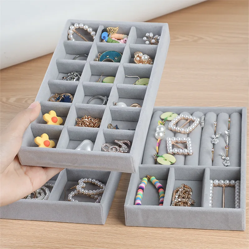 

Gray Velvet Stackable Jewelry Display Tray Case for Jewellery Hot Sales Fashion Portable Velvet Jewelry Organizer Box