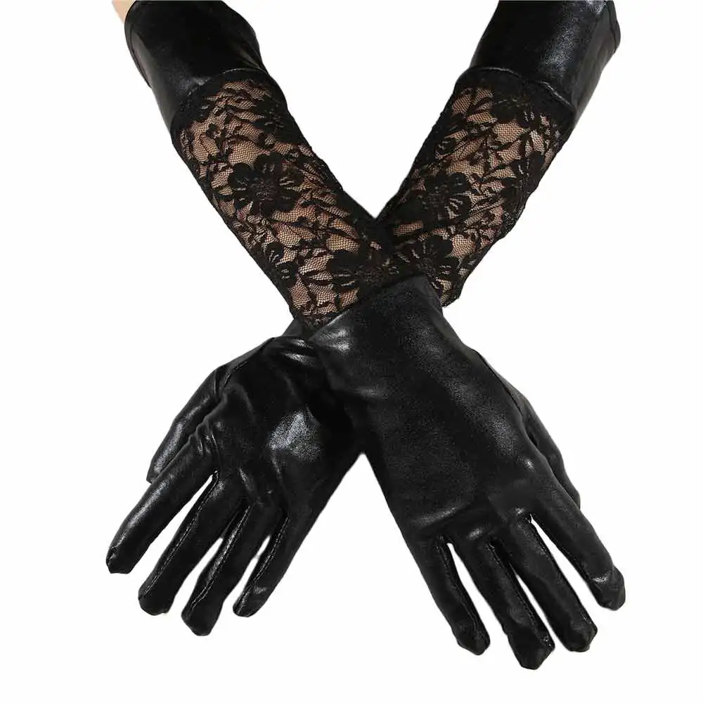 

2021 New Sexy Lace Faux Leather Long Gloves Black Ladies Full-finger Party Mittens Performance Accessories Decor