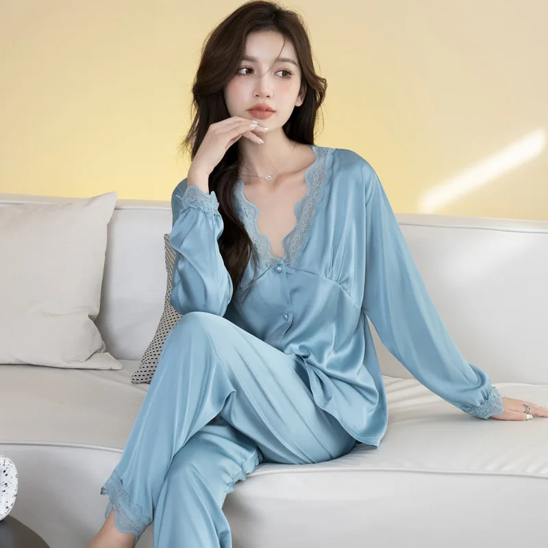 QWEEK Autumn Silk Like Pajama Set Women Lace Soft Sleepwear Long Sleeve Pijamas Brief Pyjamas Kawaii Nightwear Bedroom Suit Pjs