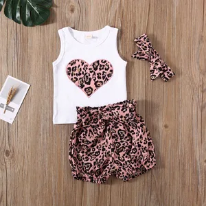 Emmababy Newborn Baby Girl Clothes Summer Leopard Print Peach Heart Sleeveless Tops Short Pants Headband 3Pcs Outfits Sunsuit