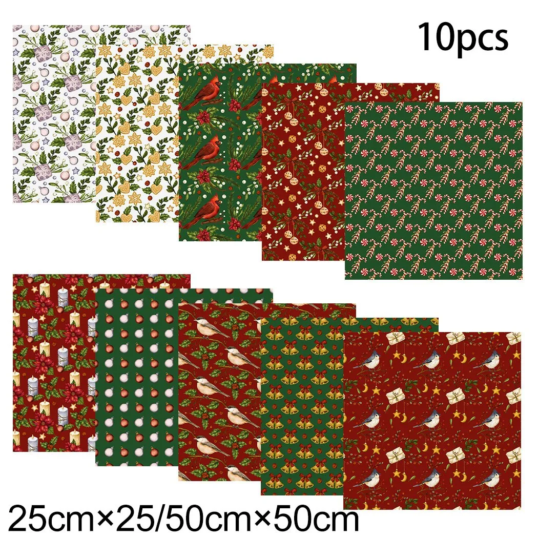 

10Pcs Christmas Patchwork Fabric Print Quilting Fabrics Christmas Tree Snowflake For DIY Needlework Handmade Cotton Bundle