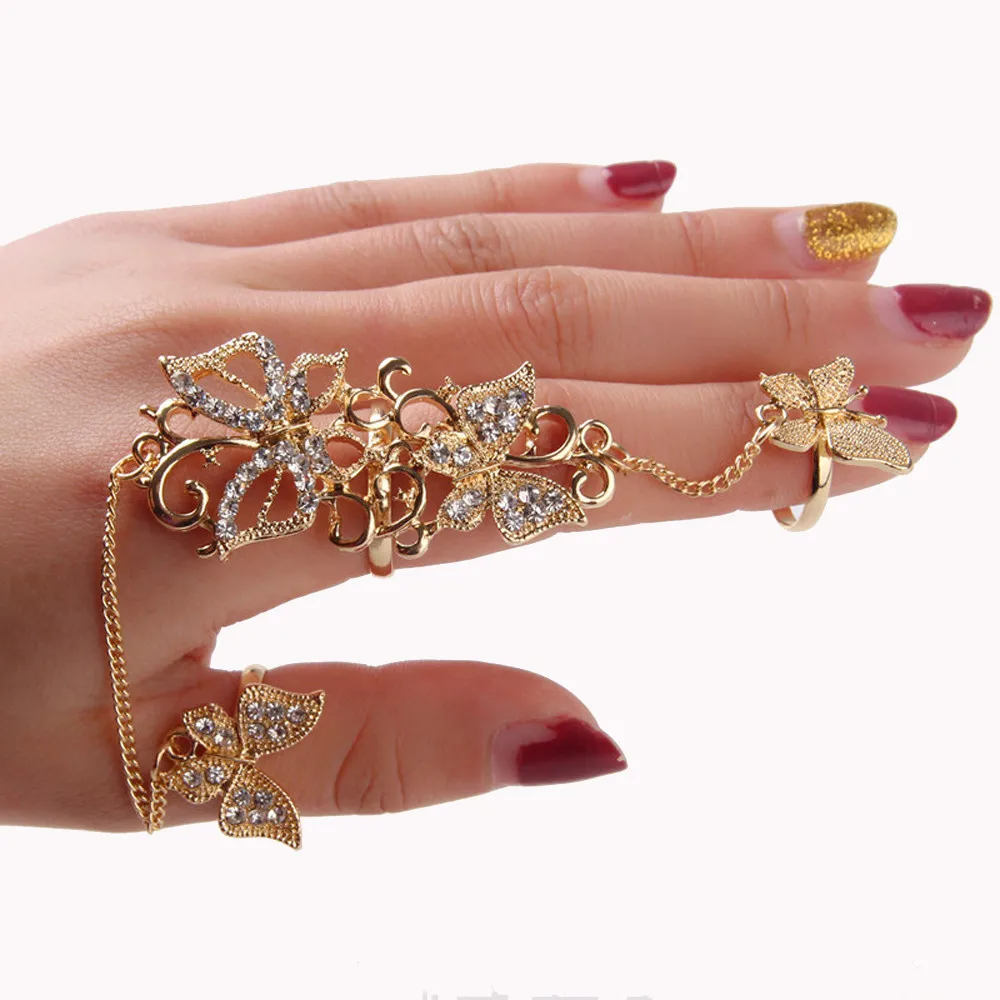 1PC Rhinestone Flower Butterfly Full Finger Ring Gold Chian Link Double Ring