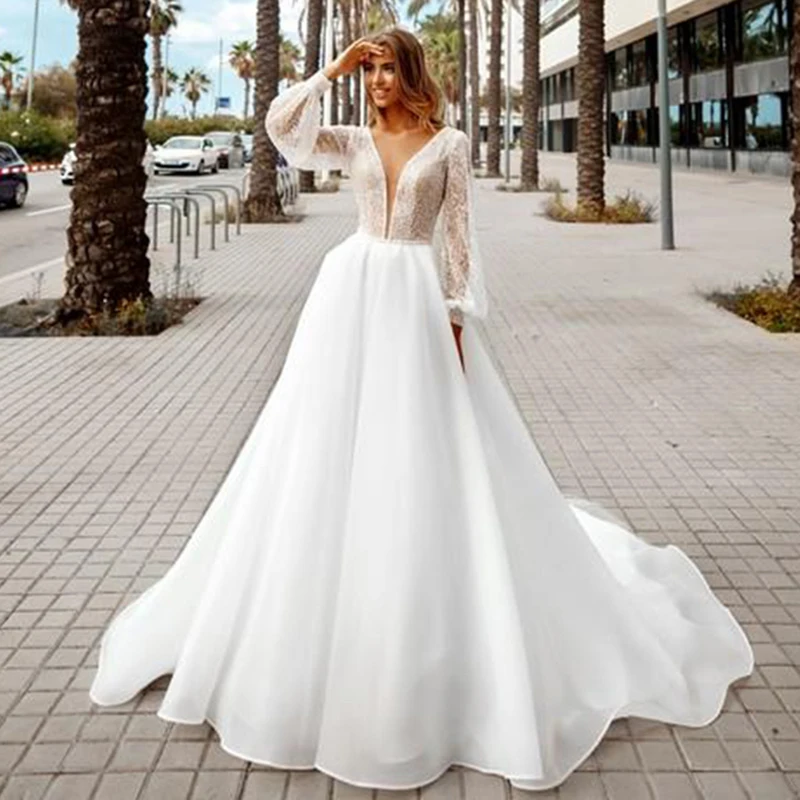 Купи 2022 Bohemian Wedding Dresses Sexy V Neck A Line Lace Glitter Beach Bridal Dress Plus Size Custom Made Boho Wedding Gowns за 6,090 рублей в магазине AliExpress