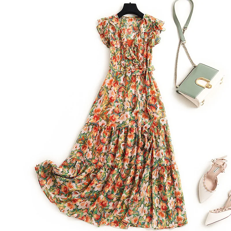 

Women floral print maxi long chiffon dress new 2021 summer fashion ruffles V-neck short sleeve sexy wrap dresses vestidos