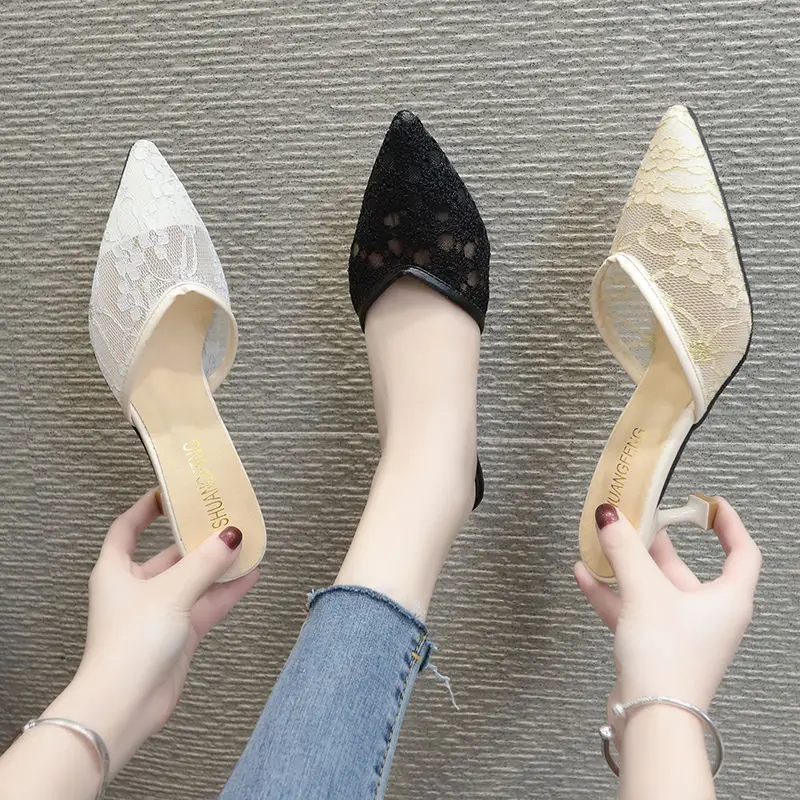

Women's Sandals 2021 Summer Style All-match Lace Half-drag High-heeled Sandals Pointed Toe Women's Shoes Stiletto Half-slippers