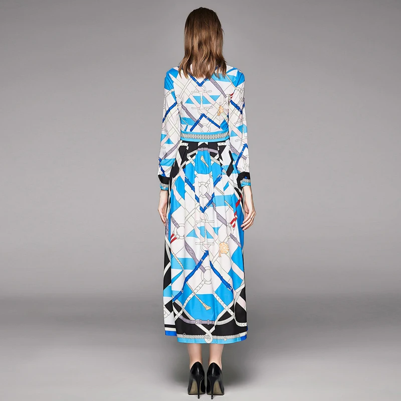 

LUKAXSIKAX 2019 New Spring Autumn Women Dress High Quality Runway Retro Print Shirt Dress Elegant Slim Long Dress