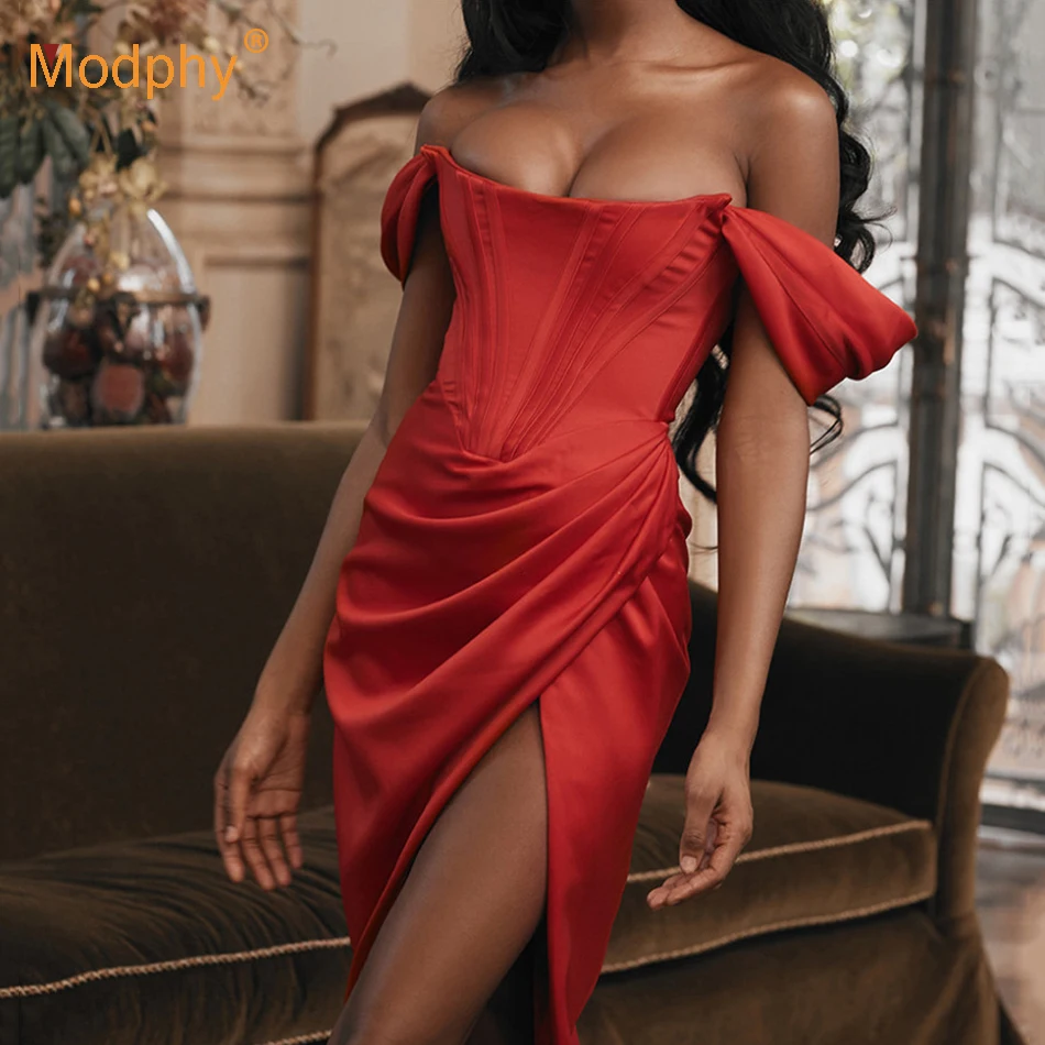 

Strapless Sexy Red Draped Split Asymmetrical Dress Women Satin Fashion 2022 Tights Dress Party Nightclub Elegant Vestido