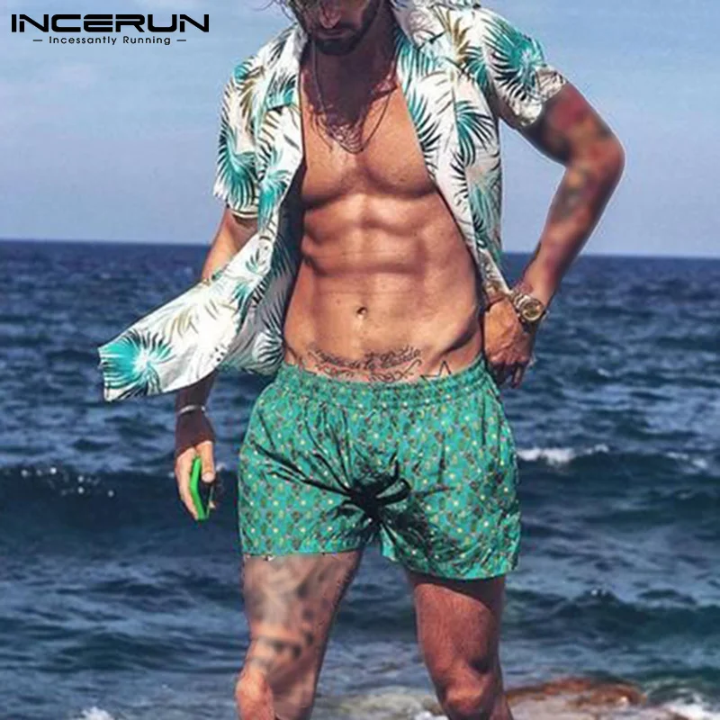 

Комплект Гавайский INCERUN мужской из рубашки с короткими рукавами и отворотами, уличная одежда с принтом, дышащие шорты, повседневный костюм д...