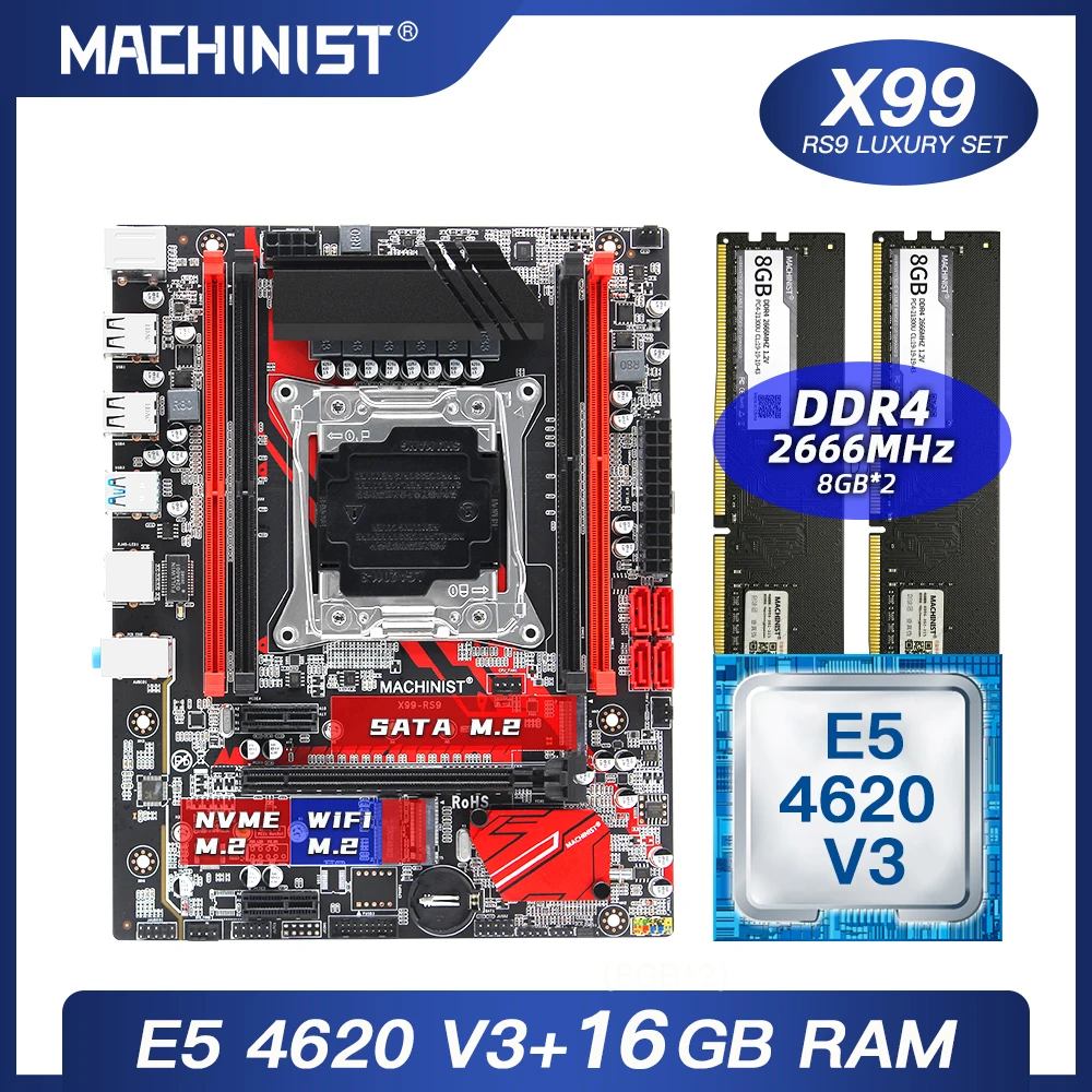 Günstig X99 Motherboard LGA 2011-3 Set Kit Mit Intel Xeon E5 4620 V3 Prozessor DDR4 16GB(2*8GB) 2666MHz RAM Speicher M-ATX X99-RS9