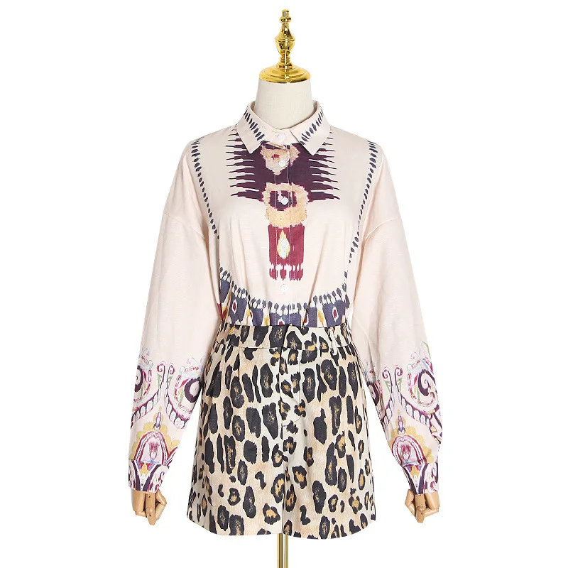 

Europe's new women's lapel printed shirt leopard print shorts straight tube fashion casual Outfits