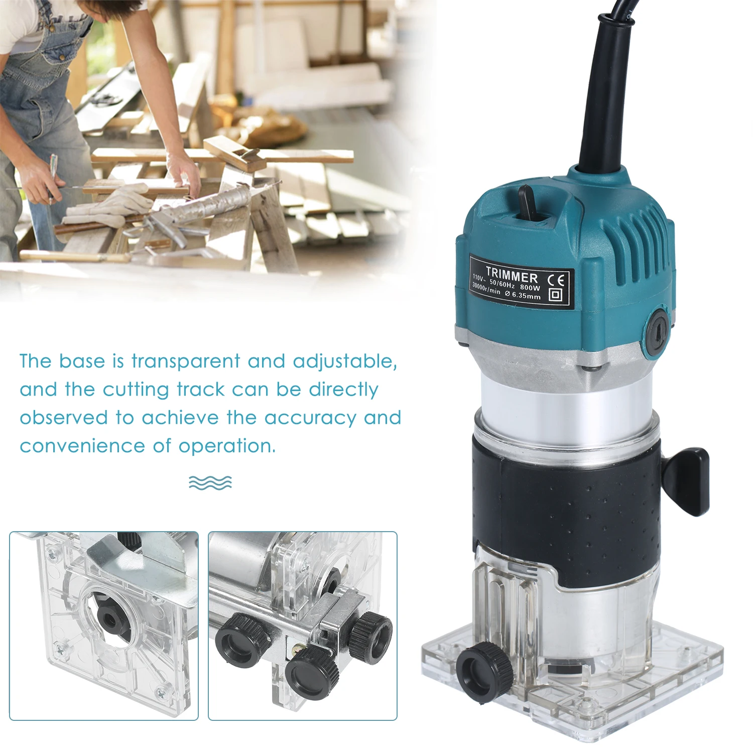 Multifunctional 220V 800W 30000R Electric Trim Router Trimmer with Base Edge Guide for Woodworking Trimming Slotting Notching |