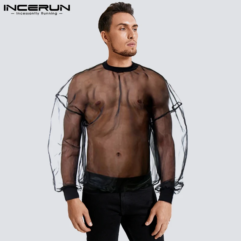 

Футболка INCERUN Мужская сетчатая, составного кроя, с круглым вырезом и прозрачными длинными рукавами, пикантная футболка 2021, уличная одежда, т...