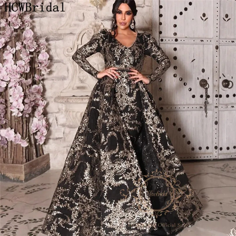 Robe De Soiree, Черное вечернее платье с длинными рукавами, Дубай,, новейшее блестящее Золотое кружевное платье русалки, платья для выпускного вечера, со съемным шлейфом - Цвет: Черный