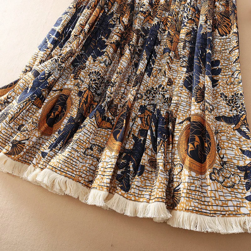 

Short Skirt 2021 New Pleated Tassel Printing Vintage Party Workplace Casual Zipper Elegant Fashion Designer Half Skirt