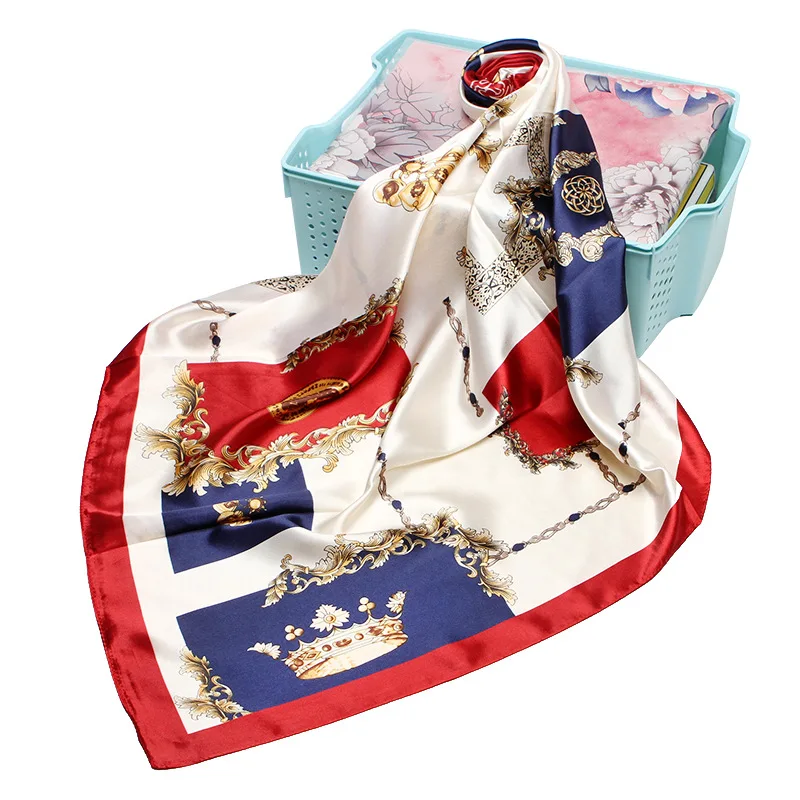 

Scarf Women Fashion Designer Domineering Crown Pattern Foulard Soft Satin Shawl Scarfs Kerchief 90cm Square Neck Headscarf WJ130