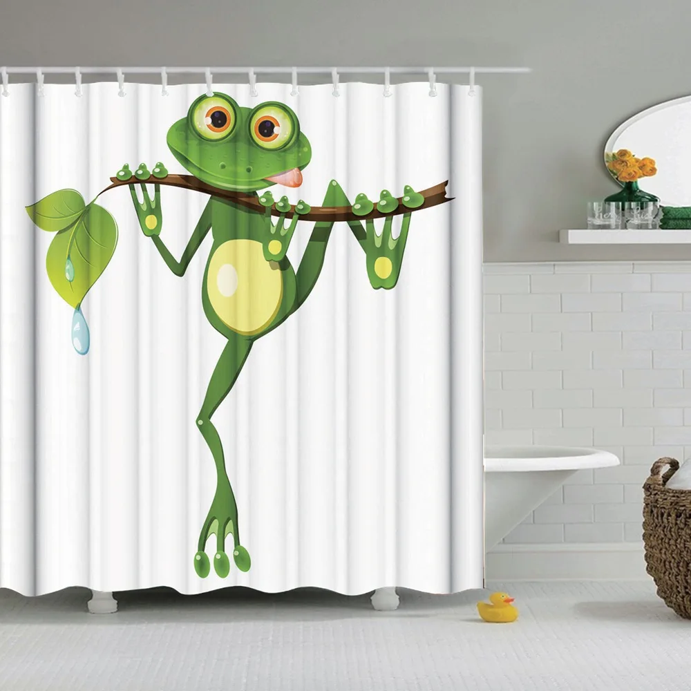 Dafield Shower Curtain Frog Funny Animal Green Cute With Lotus Cartoon Buttefly On The Branch Of Tree | Дом и сад