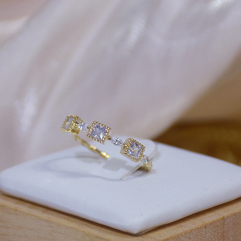 

Exquisite 14k Real Gold Square Simple Rings for Women Top Designer Jewelry Adjustable Open Micro Inlay Zirconia Girl's Fine Gift