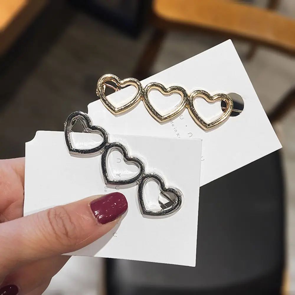 Милые металлические клипсы для волос с сердечками золотые серебряные полые