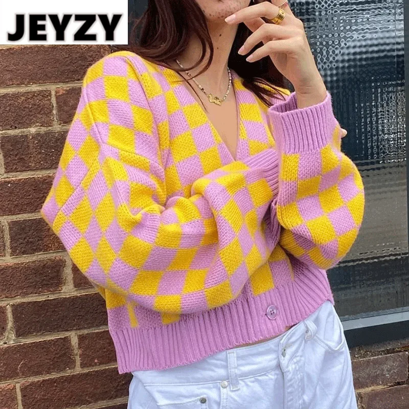 

Y2k Fashion E-Girl Checkerboard Cardigan Women Autumn Winter Plaid Cardigan Sweater Female Chic Harajuku Oversized Knitwear Coat