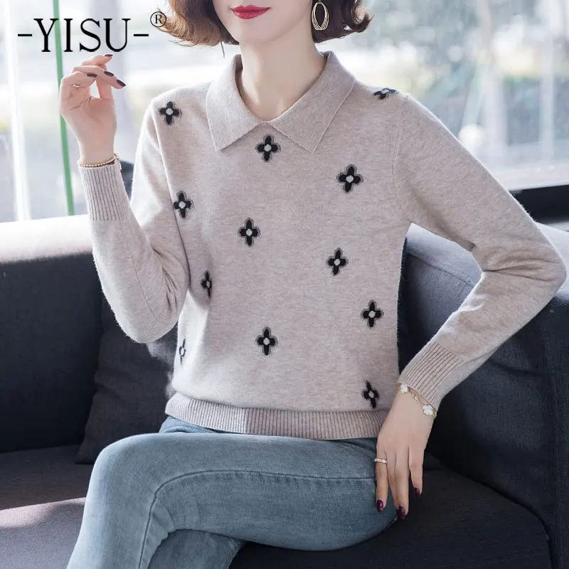 

Женский тонкий свитер YISU 2021, весенний однотонный джемпер с лацканами и длинными рукавами, Женский Повседневный вязаный пуловер в полоску