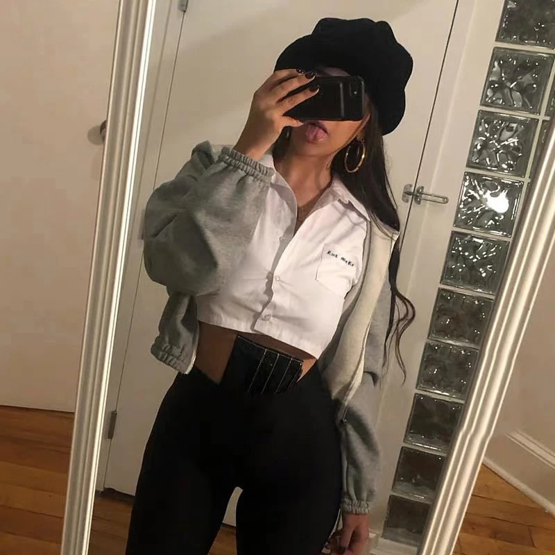 

Women White Turn-down Collar Short Sleeve t shirt Summer Casual Cropped Tee Shirt Femme Crop Top