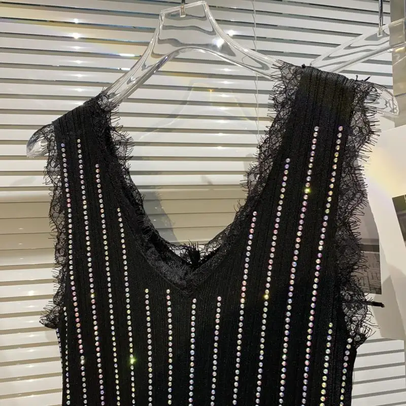 

2021 Summer New Fashion Vertical Rhinestone Lace T-shirt Knitted Vest Sling Tees Women Korean Shiny Tank Top