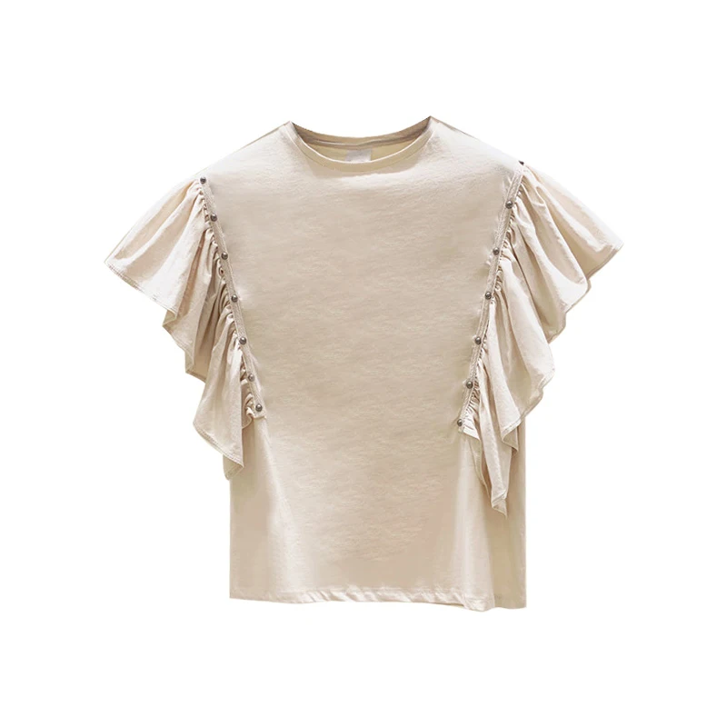 

Ruffled Beaded Short Sleeve T-shirt Female Summer T Shirt Loose T-shirts Girls Ladies Solid Color Tshirt Tops Women 2020