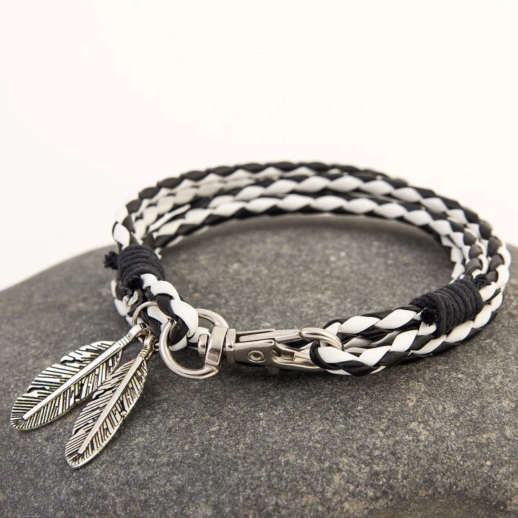 

Vintage Leaf Feather Multilayer Leather Bracelet Men Fashion Braided Handmade Keychain Rope Wrap Bracelets Bangles Male Gift