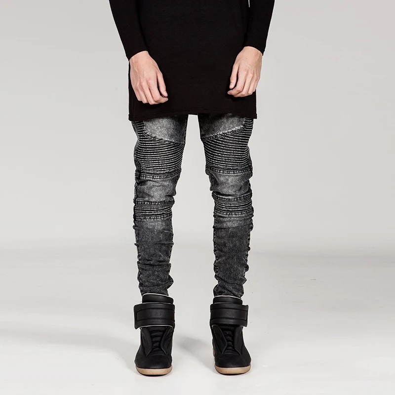 

Men's Foreign Trade Tide Brand Motorcycle Pants Wrinkle Slim Little Feet Elastic European And American Jeans