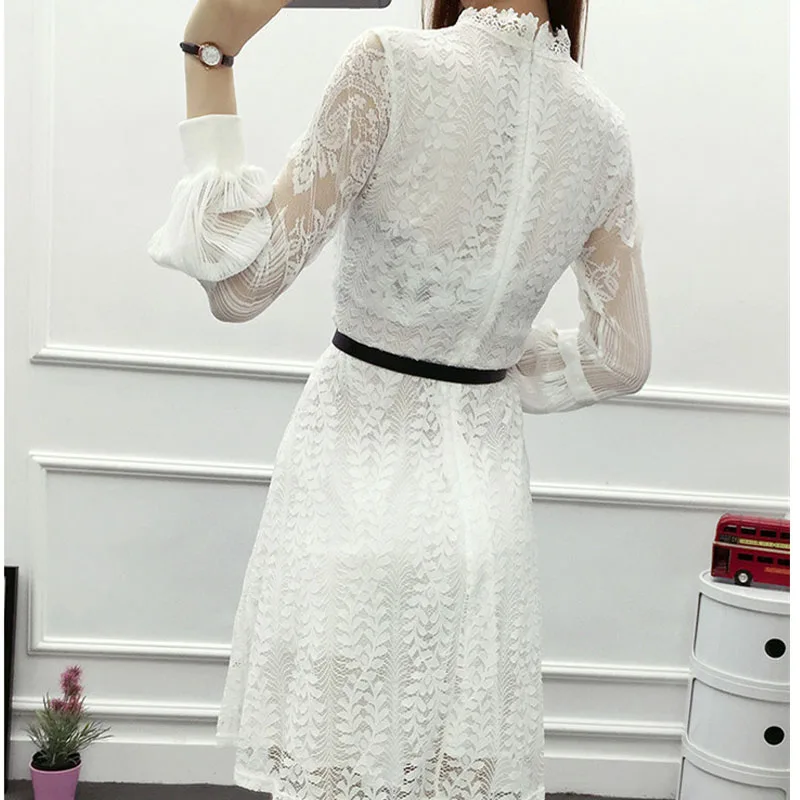 Hollow Out White Dress Sexy Women Mid Chiffon Criss Cross Lantern sleeve O-Neck Long Sleeve Crochet Lace Black BG66 | Женская одежда
