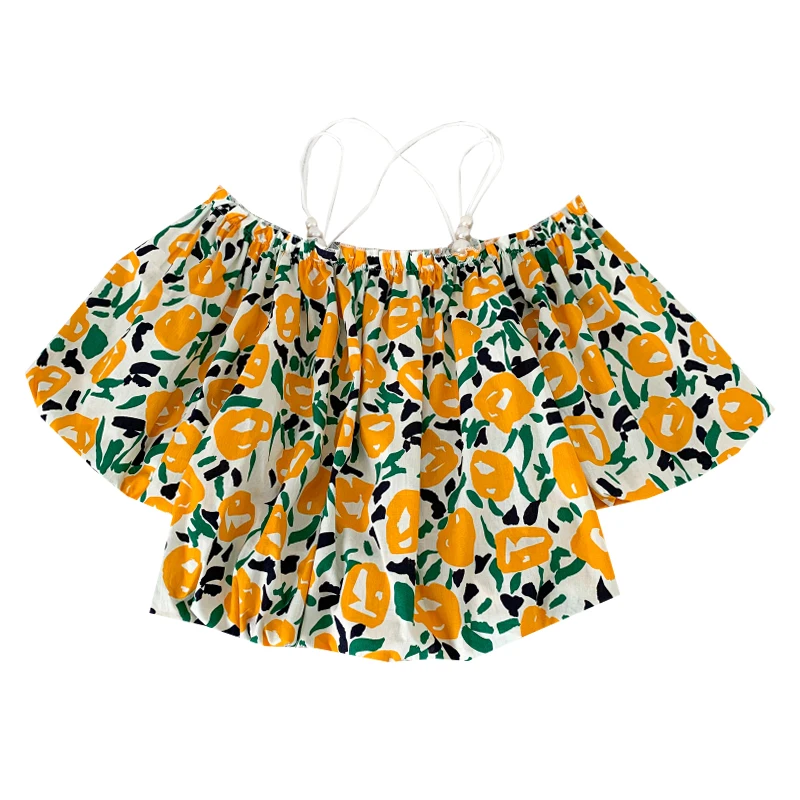 

Sweet slash neck puff sleeve Shirt high waist pleated print short pearl suspender Shirt Top 2021 New Summer Women