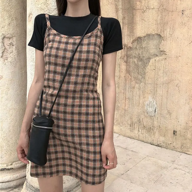 

Summer Women Dress Sexy Sleeveless Sling Plaid Short Dress Bodycon Fashion Party Dresses