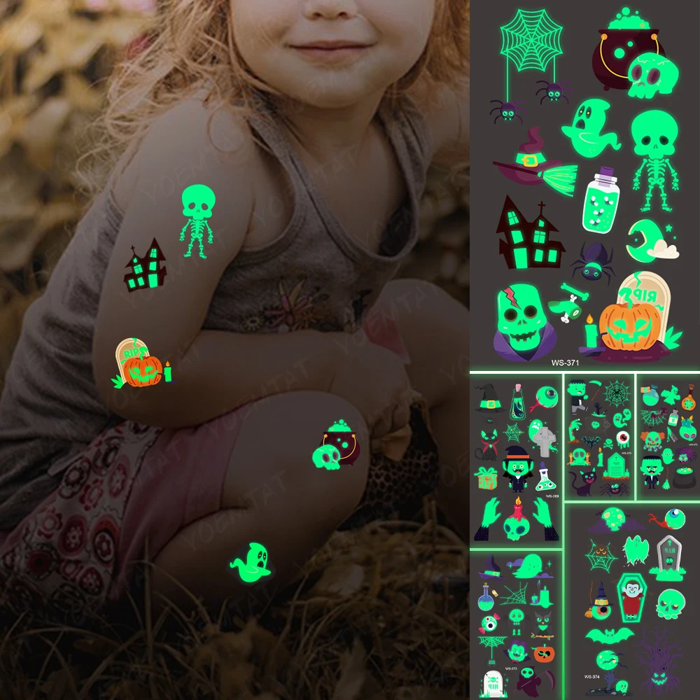 

Halloween Temporary Tattoo Sticker Waterproof Magic Hat Pumpkin Lamp Skull Ghosts Day of the Dead Glowing Women Child Luminous