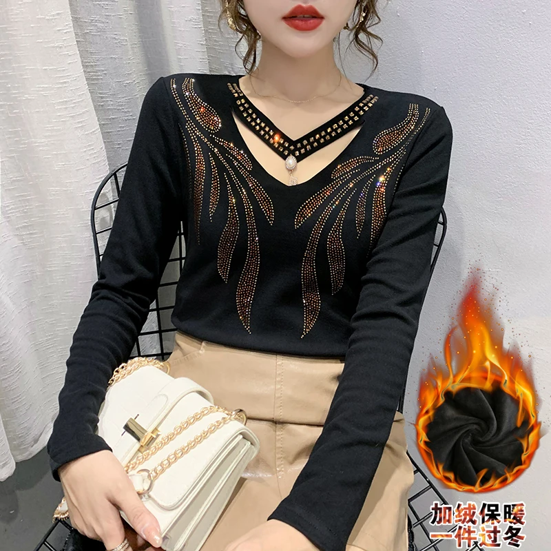 

Fall Winter Korean Style T-Shirt Hollow Out Shiny Dimonds Elegant Women Tops With Fleece Brushed Cotton Tees