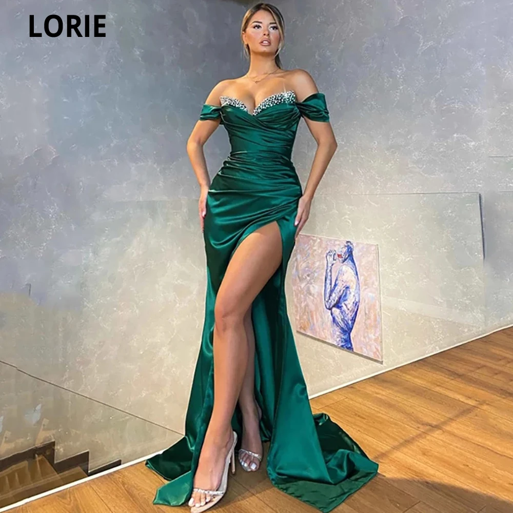 

LORIE Mermaid Green Satin Evening Dress Long Off the Shoulder Beaded Prom Party Gowns Split Pleated Formal Dress Robe de soirée