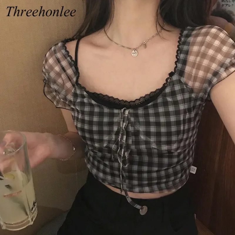 

2021 Summer Women's Plaid Blouse Retro Chiffon Square Collar Lace Puff Sleeve Female Korean Casual Sweet Crop Tops