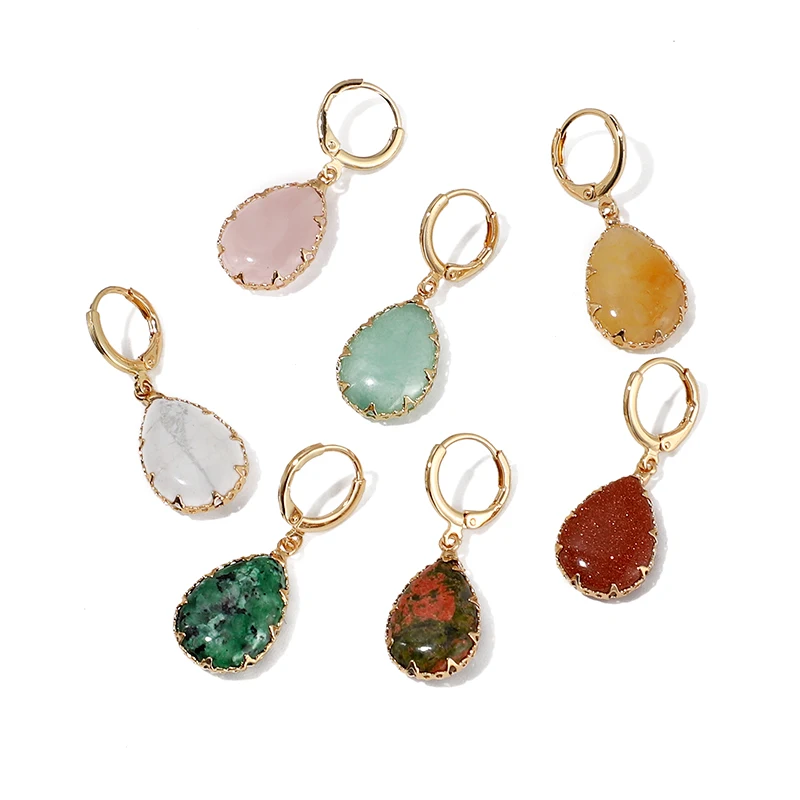 

KOMI Semi Precious Stones Copper Hoop Earrings Teardrop Amethysts Turquoises Goldstone Topazs Dangle Earrings for Women
