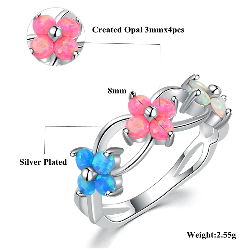 Кольцо женское посеребренное с голубым/розовым/белым огненным опалом размеры 5-11