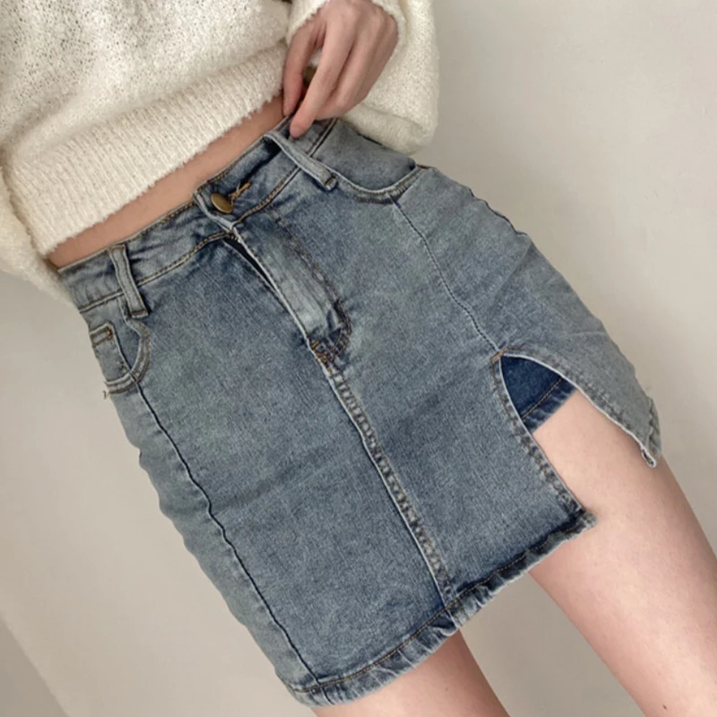 

ZAWAHIKI Denim Skirts Solid High Waist Bodycon 2021 Spring Summer Vintage Mujer Faldas Slim Zipper Korean Fashion Woman Skirts