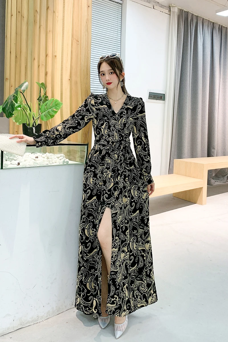 

2021 New Summer Women Temperament V-Neck long sleeve Dress high waist lace up print split mid-length A-line Dress