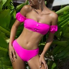 Женский однотонный розовый купальник In-X, бикини с открытыми плечами, купальник-бандо, элегантный комплект из 2 предметов, купальный костюм с жемчугом, 2021