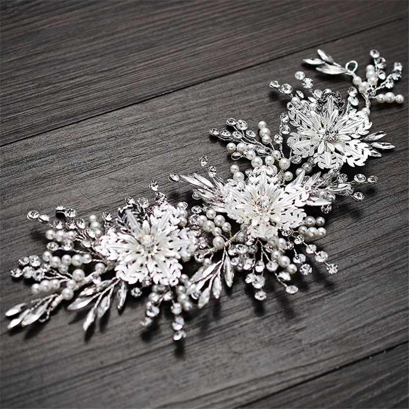 Блестящая серебряная Цветочная свадебная корона для волос лоза стразы жемчуг