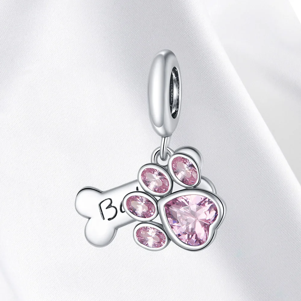 

925 sterling silver charm Cute animal pink paw print Dangle pendant Fit Original Pandora Necklace for women jewelry gift