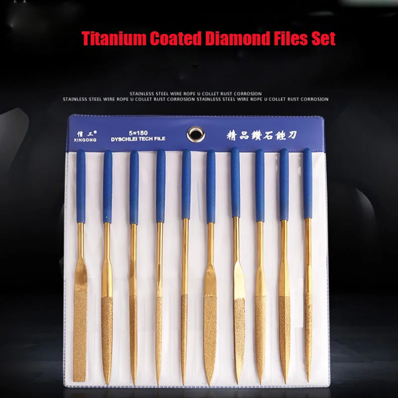 

10pcs/Set 3X140MM 4X160MM 5X180MM Titanium Coated Diamond Files Set Soft Rubber Handles Mini File Set for Metal Glass Ceramics